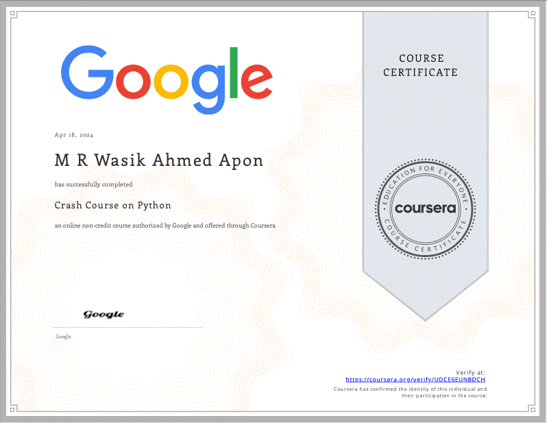 Google (via Coursera) Certificate